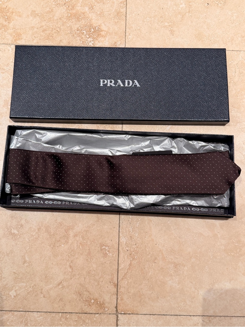 Prada Dark Brown Silk Tie with Microdots NWT and Box